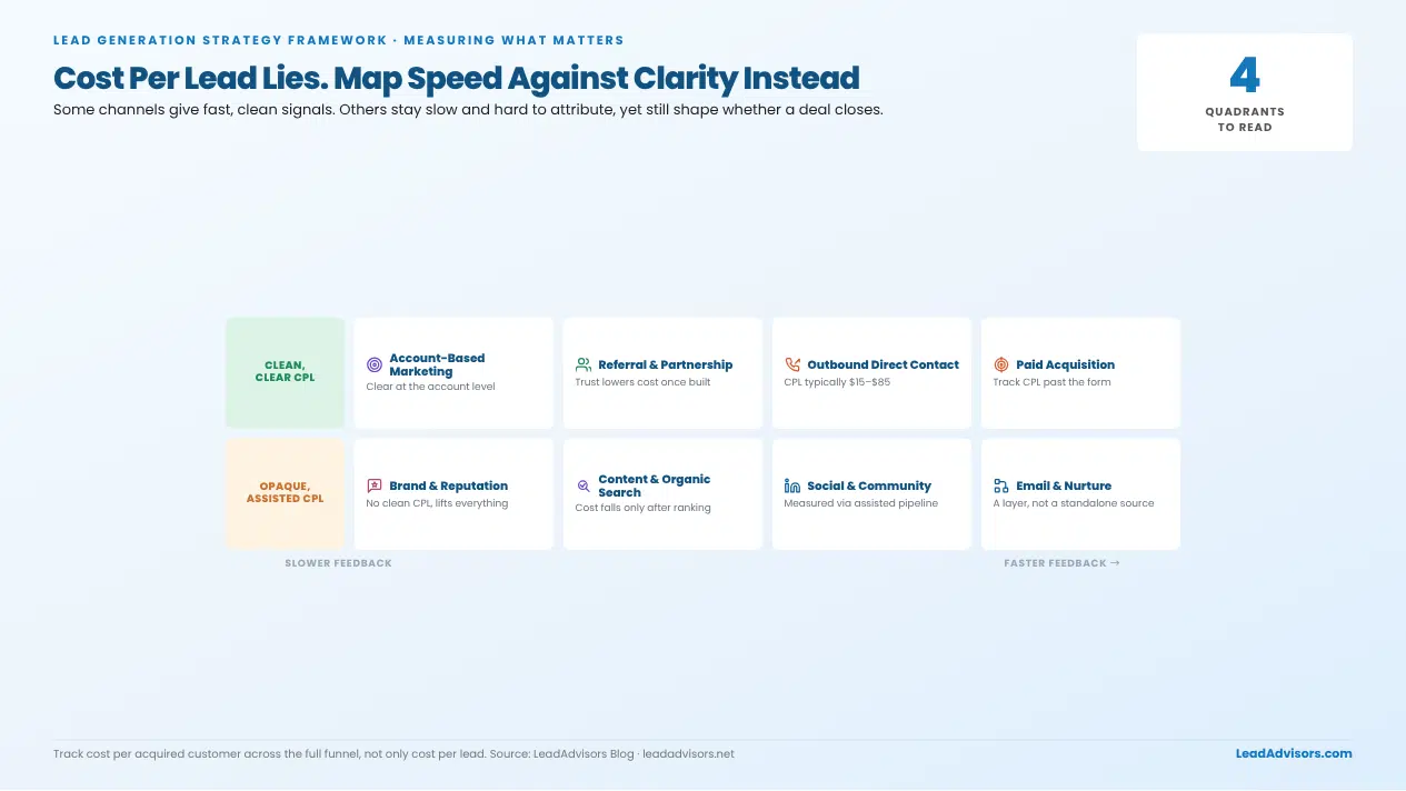 Lead gen measurement map showing speed vs attribution clarity across channels; cost per lead can mislead compared to full-funnel CAC