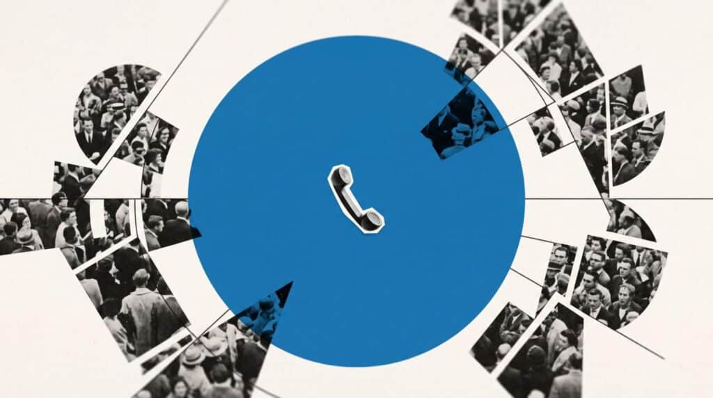Abstract lead generation illustration with a phone at the center of a fragmented audience, representing inbound and outbound demand capture