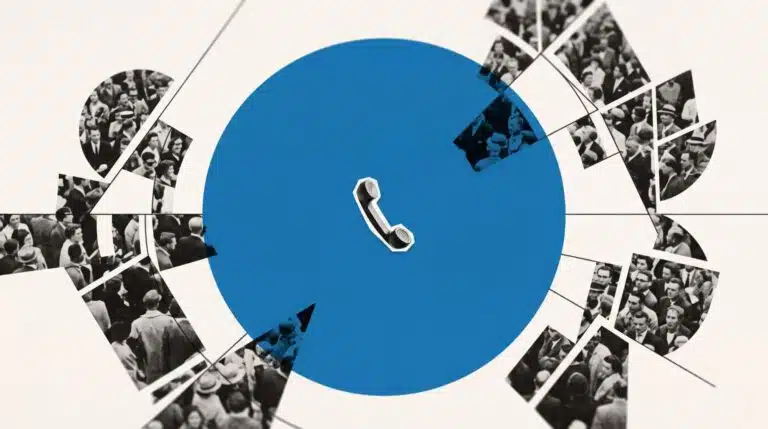 Abstract lead generation illustration with a phone at the center of a fragmented audience, representing inbound and outbound demand capture
