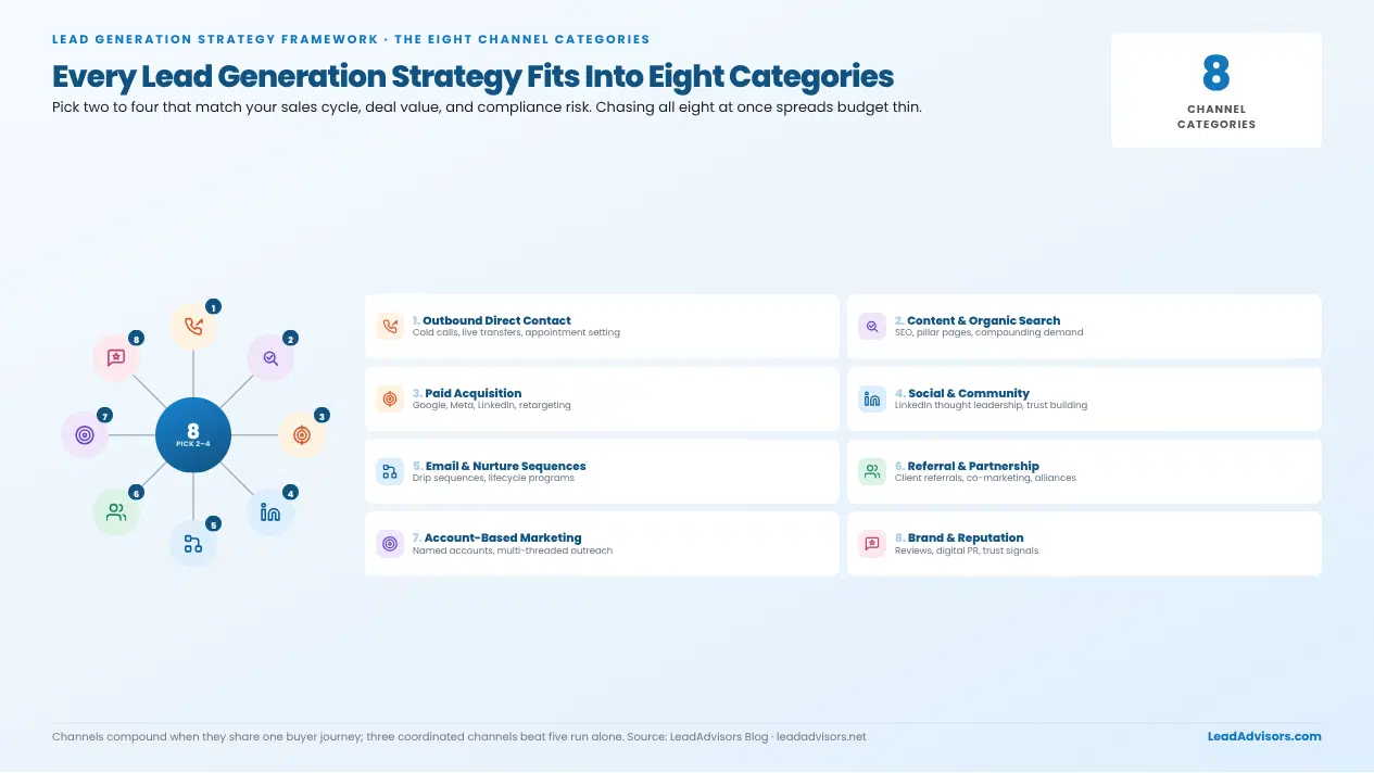 Eight lead generation channel categories: outbound, organic search, paid, social/community, email nurture, referrals, ABM, brand/reputation
