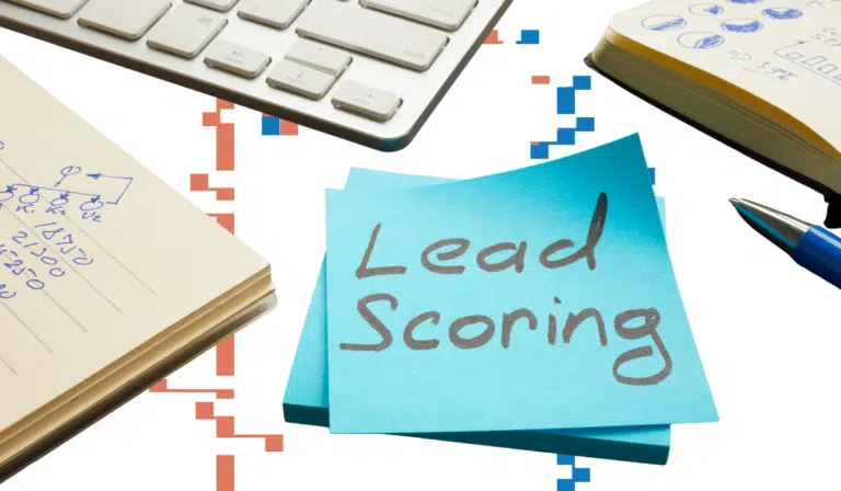Lead scoring concept image with a sticky note labeled ‘Lead Scoring’ alongside notes and planning tools