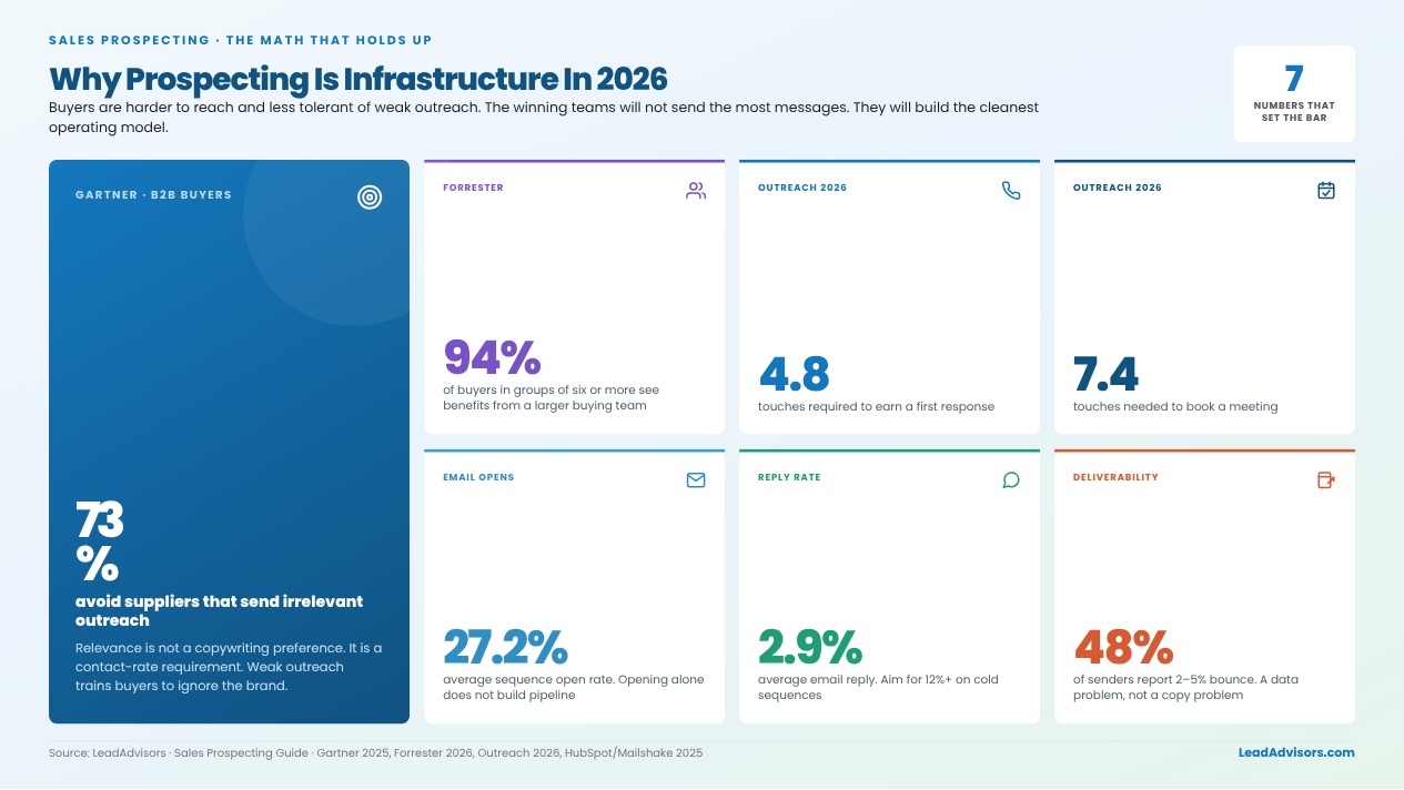 Prospecting benchmarks in 2026 showing touches to first response, touches to book meetings, open rates, reply rates, and bounce risk