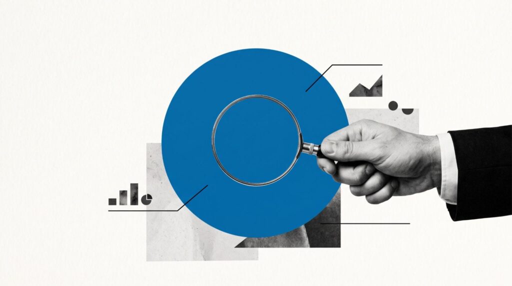 Abstract SEO audit illustration with a magnifying glass and chart elements, representing diagnosis and performance analysis