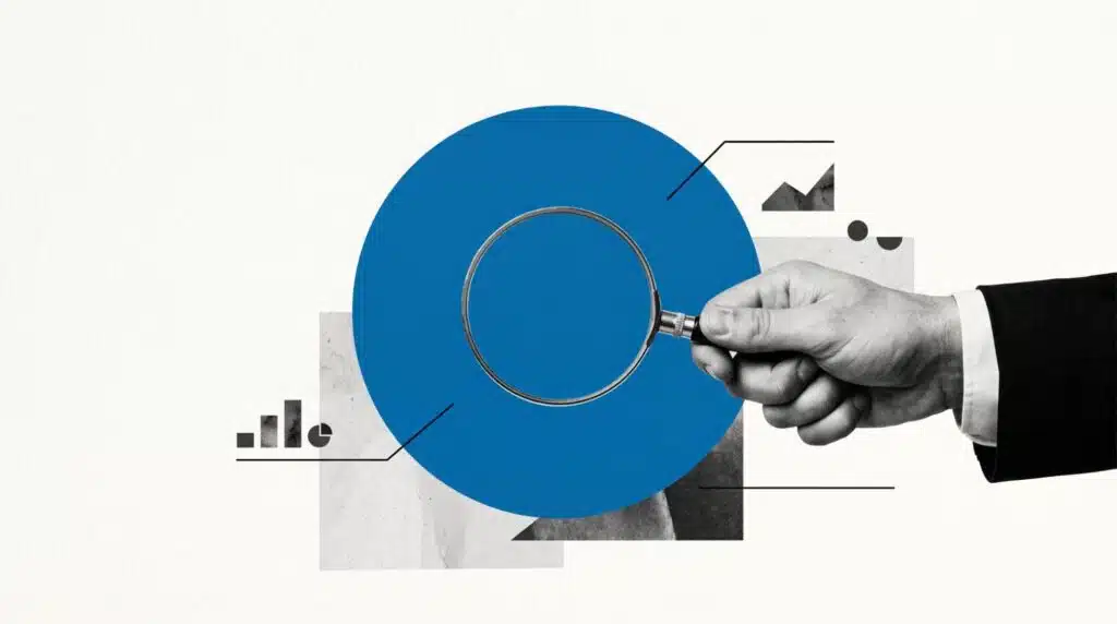 Abstract SEO audit illustration with a magnifying glass and chart elements, representing diagnosis and performance analysis