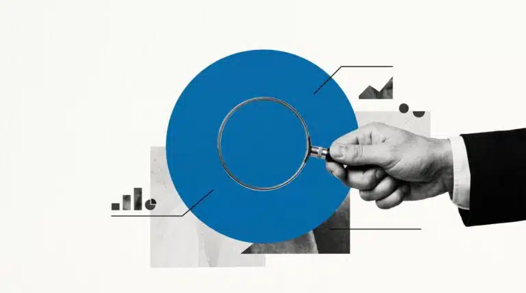 Abstract SEO audit illustration with a magnifying glass and chart elements, representing diagnosis and performance analysis