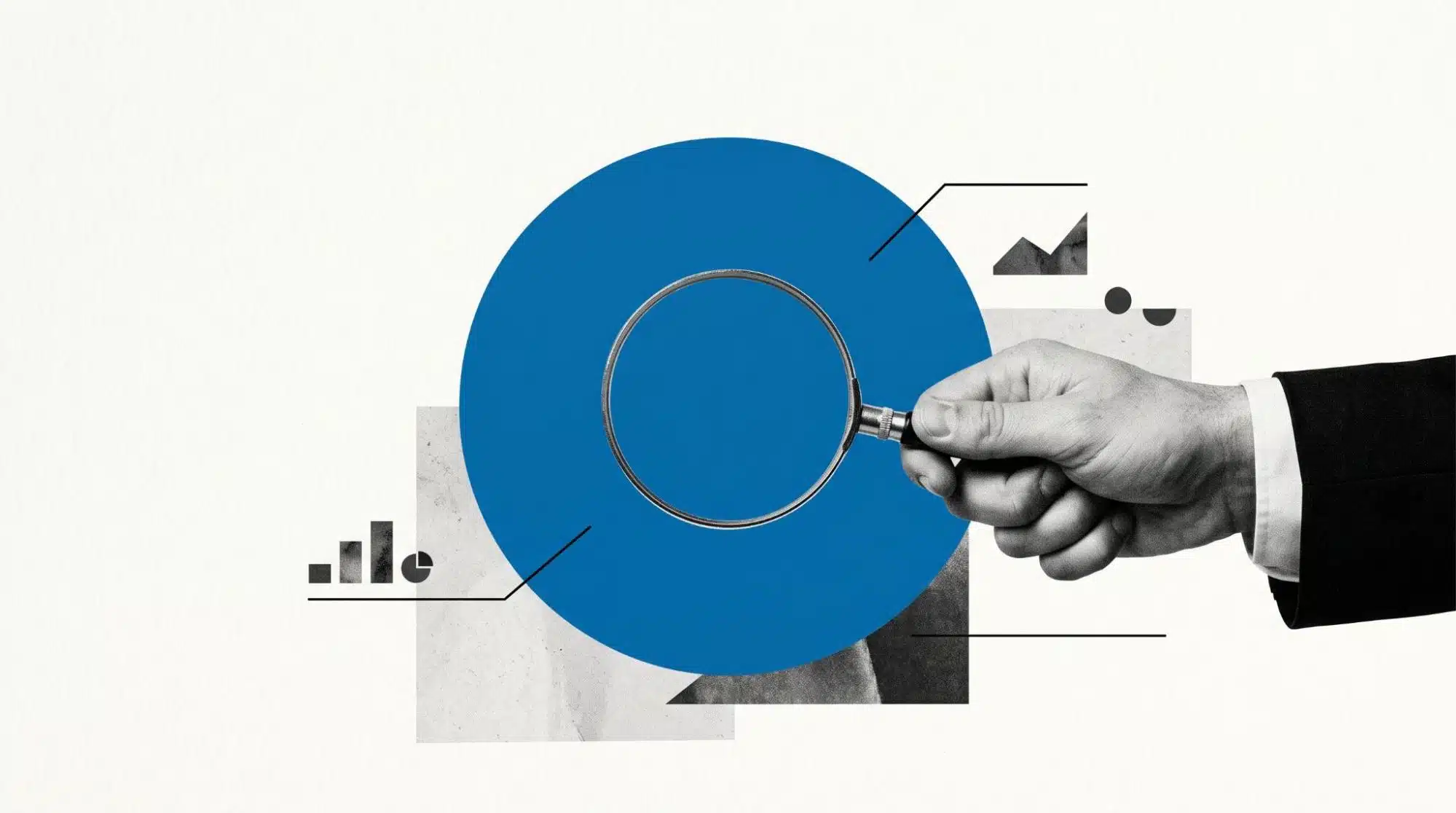 Abstract SEO audit illustration with a magnifying glass and chart elements, representing diagnosis and performance analysis