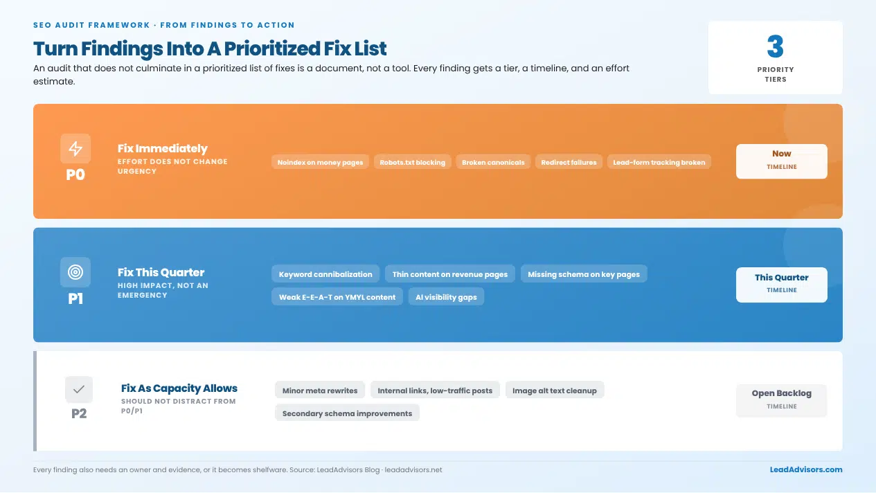 SEO audit prioritization tiers turning findings into a fix list: P0 fix now, P1 this quarter, P2 backlog as capacity allows