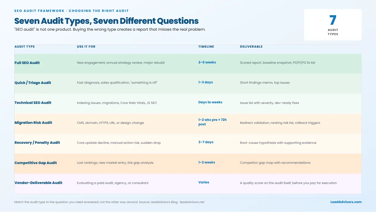 Seven SEO audit types by purpose, including full audit, triage, technical, migration risk, recovery, competitive gap, deliverable review