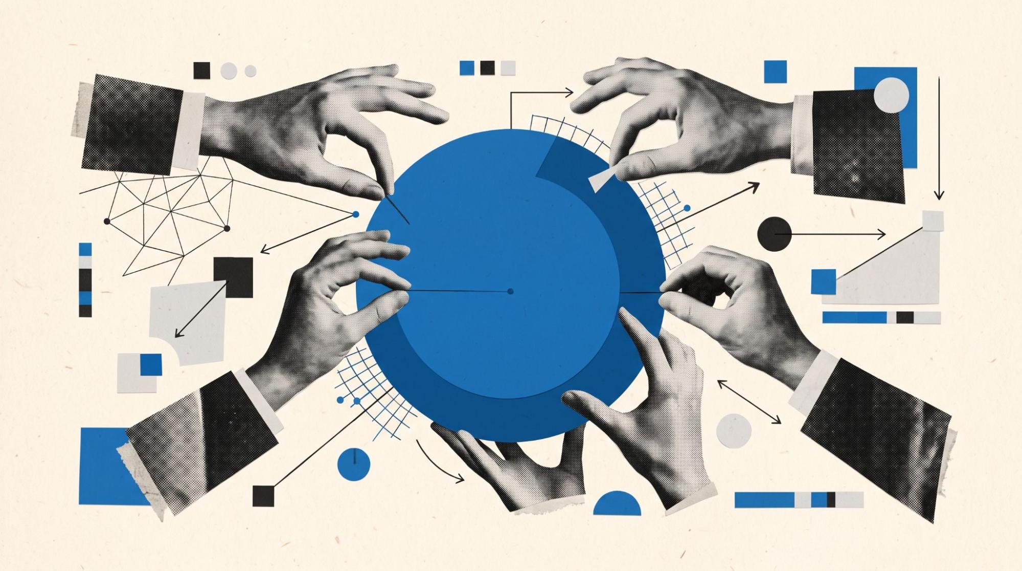 Abstract illustration of hands shaping an SEO strategy system, representing collaboration, alignment, and operating model choices