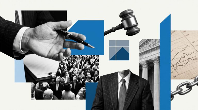 Abstract illustration of legal SEO with attorney, courthouse, and trust signals representing authority and high-intent search