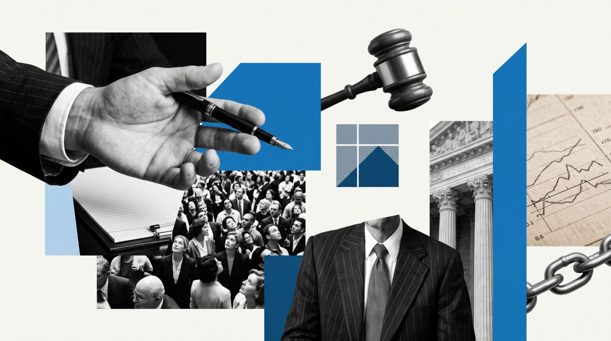 Abstract illustration of legal SEO with attorney, courthouse, and trust signals representing authority and high-intent search