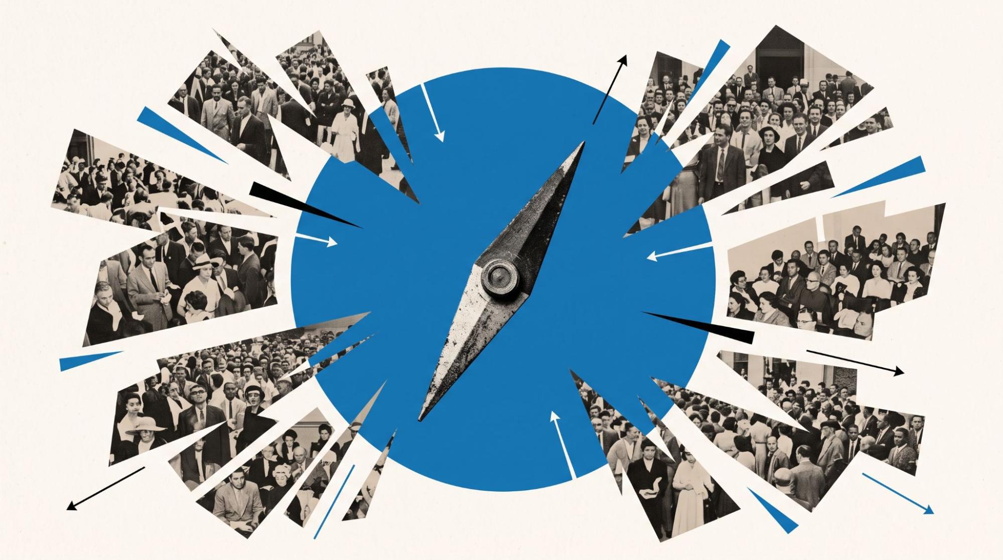 Abstract illustration of SaaS SEO showing a compass and audiences representing direction, positioning, and competitive demand