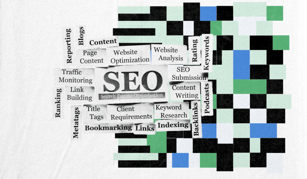 Abstract SEO strategy illustration showing ‘SEO’ with terms like content, keywords, indexing, backlinks, and analysis