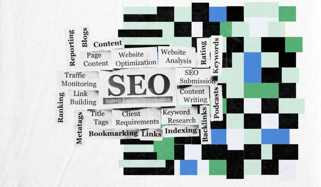 Abstract SEO strategy illustration showing ‘SEO’ with terms like content, keywords, indexing, backlinks, and analysis