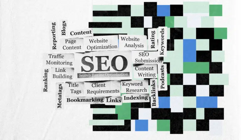 Abstract SEO strategy illustration showing ‘SEO’ with terms like content, keywords, indexing, backlinks, and analysis