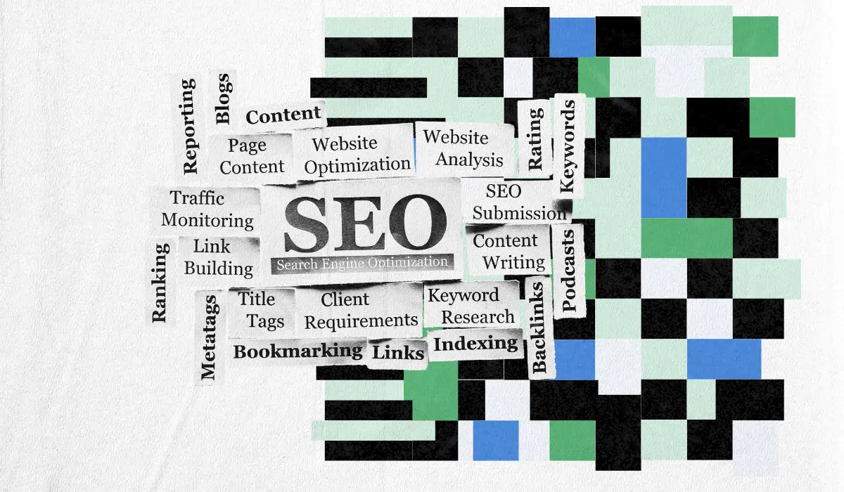 Abstract SEO strategy illustration showing ‘SEO’ with terms like content, keywords, indexing, backlinks, and analysis