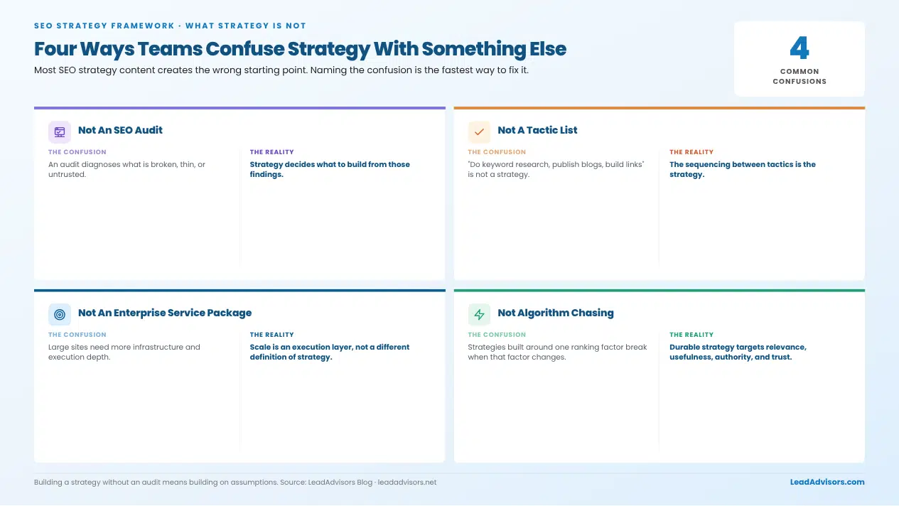 Four common SEO strategy confusions: not an audit, not a tactic list, not an enterprise package, not algorithm chasing