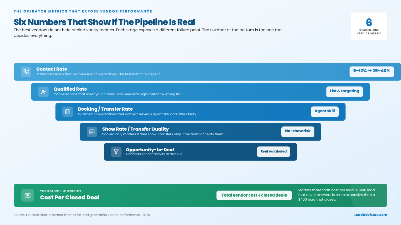 Six operator metrics that show if pipeline is real: contact rate, qualified rate, show rate, opportunity conversion, and cost per closed deal
