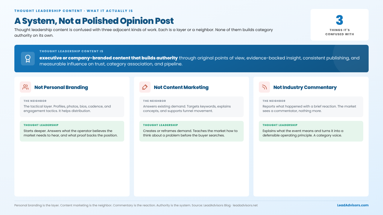 Thought leadership is a system, not a polished post—distinct from personal branding, content marketing, and industry commentary