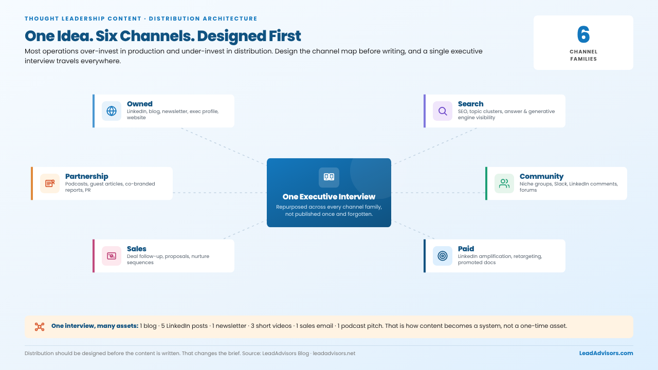 Thought leadership distribution architecture: one executive interview repurposed across owned, search, partner, community, sales, and paid channels