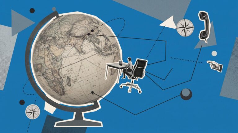 bstract illustration of a globe and remote desk setup, representing offshore virtual assistant services and distributed operations