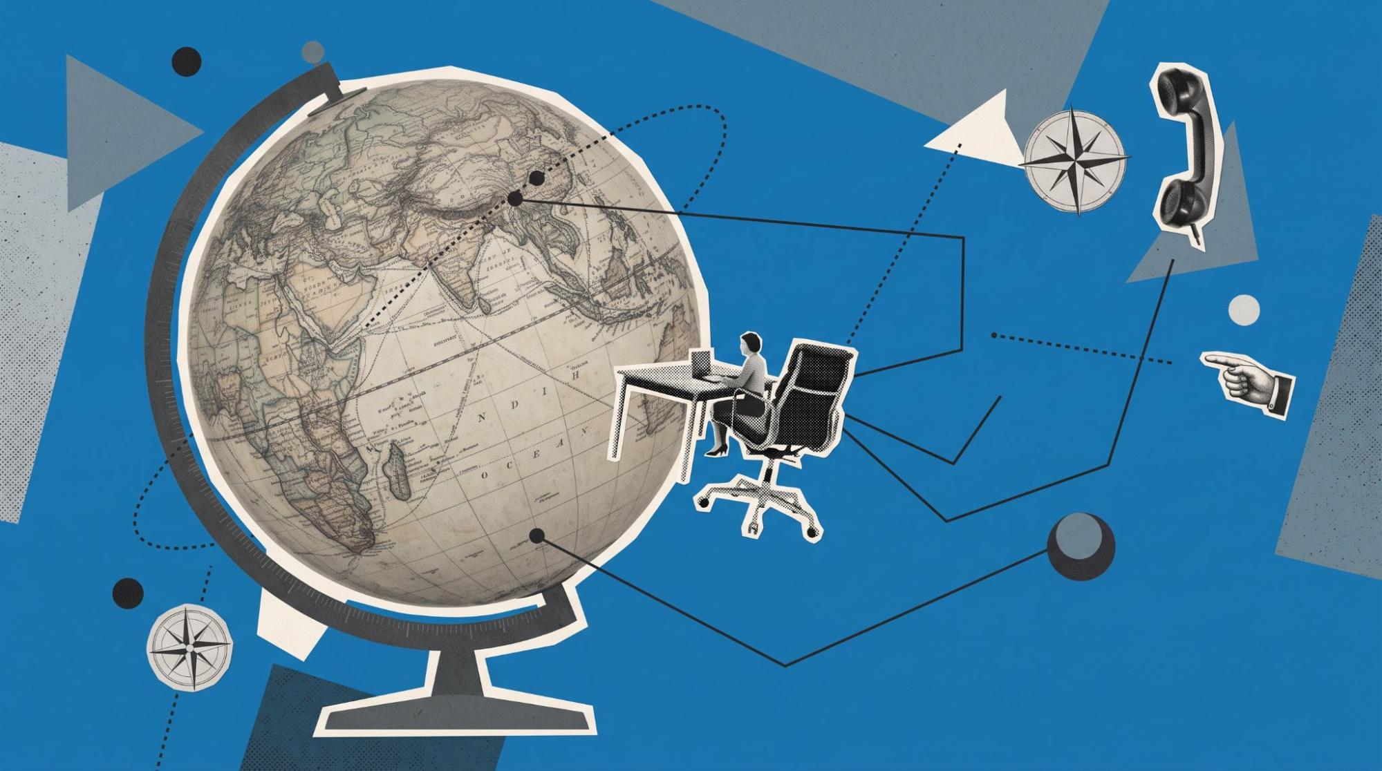 bstract illustration of a globe and remote desk setup, representing offshore virtual assistant services and distributed operations