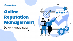 Illustration featuring two individuals analyzing online reputation management strategies, with a target, upward arrow, and five-star rating icons in the background