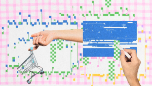 An artistic, glitch-style collage featuring a hand holding a miniature shopping cart against a pixelated, pink-checkered background.