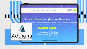 Adthena homepage hero with the headline “Turn AI Search Insights Into Revenue.” Includes CTAs for “Free Domain Report” and “Book a Demo,” plus a US Search Awards winner badge.