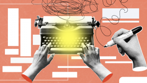 Illustration of hands typing on a glowing typewriter surrounded by abstract design elements, representing AI-powered slogan creation in 2025