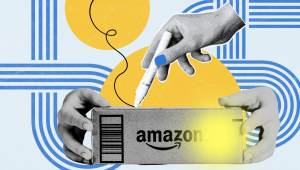 A stylized digital collage showing a hand holding a marker above an Amazon delivery box being handed off, with abstract yellow circles and blue line patterns in the background. The design suggests themes of product reviewing and branding creativity.