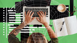 A person with tattooed arms types on a laptop at a desk with a notebook, pen, coffee cup, and glasses. White circular and line graphics overlay the image, which has a green background.