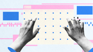 Two hands reach toward a digital calendar with blue dots on several days, surrounded by abstract pink and blue graphic elements on a light background.