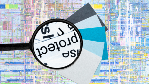 Conceptual image of a magnifying glass over graphic textures and color swatches representing brand protection and identity verification.