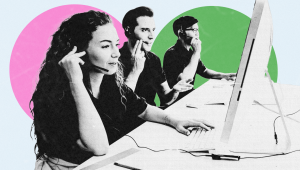 Three call center agents wearing headsets engage in active customer support at their desks. The stylized image features bold pink and green circles in the background, adding a modern, dynamic aesthetic.