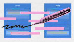 An artistic illustration of two blue call scripts with pink highlighted text bars and a bold, stylized marker making handwritten edits. The image symbolizes script personalization, editing, and emphasis in call center or customer service contexts.