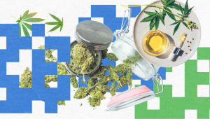 Flat-lay image of CBD buds, oil, and hemp leaves arranged on a plate and table, showcasing common CBD products.