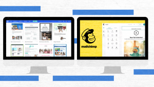 Side-by-side screenshot comparison of the Constant Contact and Mailchimp email editors and templates.