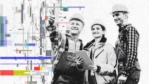 Construction team reviewing plans on-site with a digital glitch-style overlay effect.