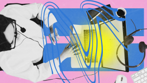 An abstract and colorful digital collage of a call center agent using a laptop, wearing a headset, surrounded by vibrant shapes, with bright yellow light and fluid blue lines conveying energy, communication, and tech-enabled support.