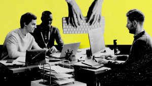 Three professionals working together on laptops in an office setting with a digital collage of hands typing on a keyboard, symbolizing cybersecurity and teamwork.
