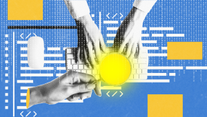 Stylized digital collage showing hands typing on a keyboard with binary code overlay, a magnifying glass highlighting a bright yellow circle, and design elements like a computer mouse and abstract rectangles, representing coding, search, and data analysis.