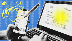 A stylized image showing digital invoicing across mobile and laptop screens, overlaid with binary code and abstract design elements. The phone displays a paid invoice for $325.00 while the laptop shows a corresponding invoice, representing the shift to digital financial workflows.
