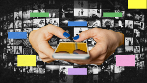 A collage-style illustration showing hands scrolling on a smartphone in front of a curved digital wall filled with grayscale images and colorful content blocks. The visual metaphor represents the overwhelming volume of media consumed through mobile devices.