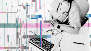 Healthcare professional with stethoscope typing on keyboard with digital glitch overlay effect, representing modern medical technology and digital healthcare transformation.