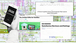 Collage of editorial review examples from major publishers like Wirecutter, Vogue, and RateGenius illustrating the impact of high-authority brand reviews.