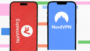 Illustration of ExpressVPN and NordVPN apps displayed on two smartphones side by side.