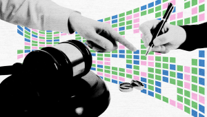 A stylized graphic depicting legal themes such as dispute resolution and divorce documentation, representing family law processes.