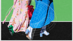 Two people walk side by side on a green and black surface, wearing colorful skirts and heeled shoes. A white geometric wireframe graphic overlays the lower part of this Fashion Marketing-inspired image.