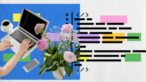 A person types product descriptions on a laptop next to a smartphone, coffee cup, and a vase of pink flowers. In the background, colorful highlight bars and black coding symbols appear on a white and blue split backdrop.